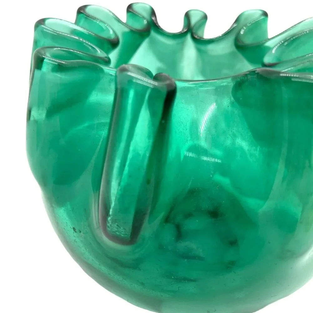 Art Glass Pinch Pot Vase Bowl Handmade Green Hand Blown Decorative Heavy